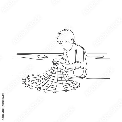 A continuous line drawing of a boy mending a fishing net by the sea