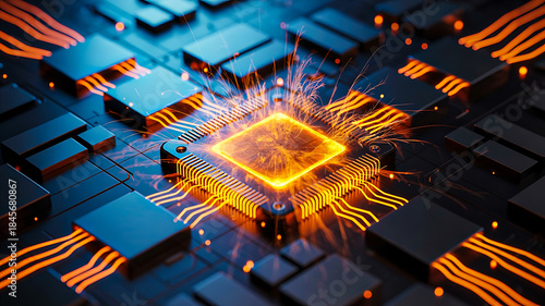 Glowing orange CPU chip with sparks and energy lines on dark circuit board representing high-performance computing