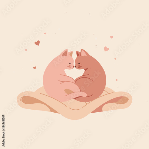 Two romantic cats cuddling with heart accents on cozy blanket