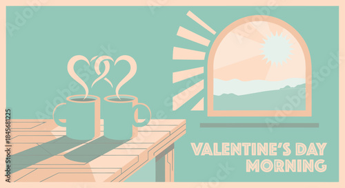 Vintage Valentine’s Day morning with coffee mugs and sunrise window