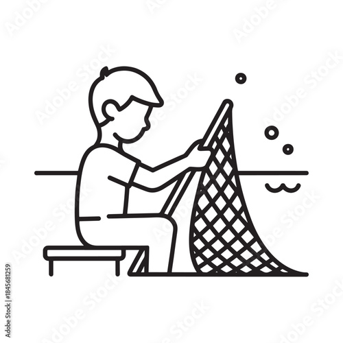 A simple line drawing depicts a person mending a fishing net by the water