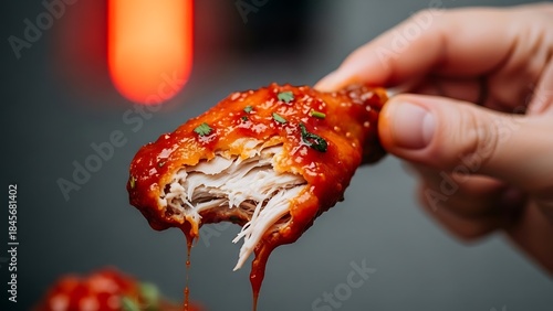 delicious chicken wing with sauce being held by a hand
