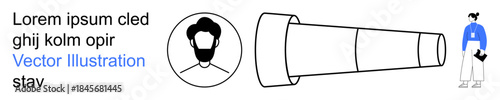 Observation, analysis, research, user profile, data management, strategic planning. Profile icon, telescope and person holding a folder. Observation and analysis visualization