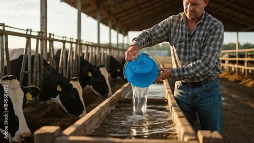 A farmer pours water into a trough for cows on a dairy farm. A man caring for livestock in a barn. Agriculture and animal husbandry concept