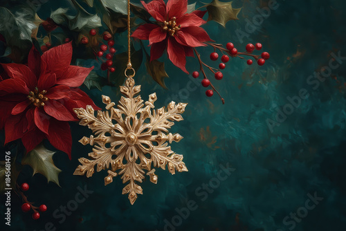 Golden Snowflake and Festive Embellishments:  A glittering golden snowflake ornament hangs amidst vibrant poinsettias and holly, capturing the essence of the holiday season.