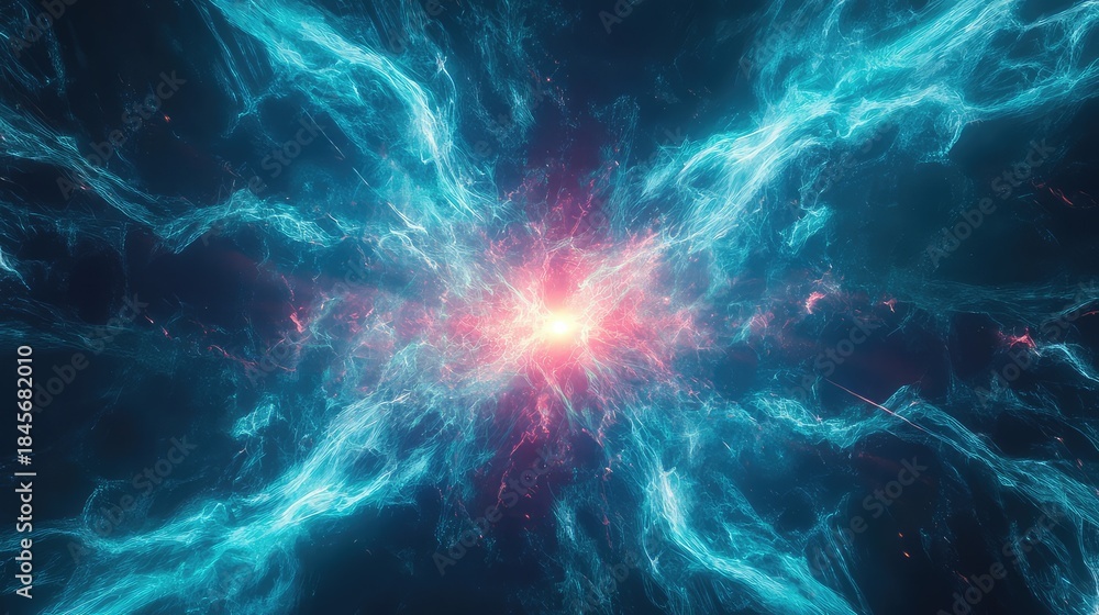 Obraz premium Abstract nebula forming luminous teal and pink plasma waves, creating a vibrant background with a central bright light representing power, creation, and speed
