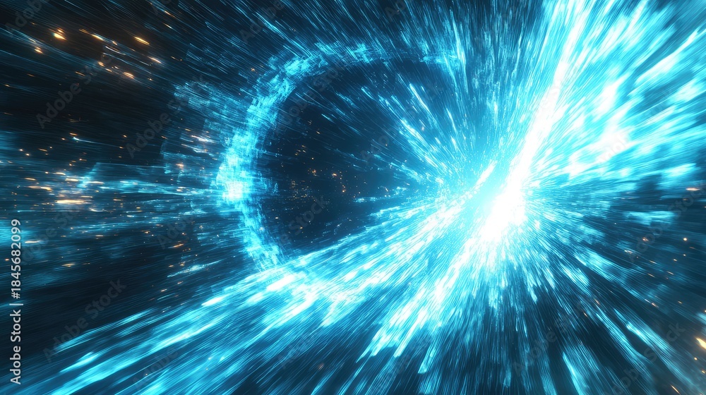 Obraz premium Energetic blue light particles are rushing forward through a digital data tunnel, creating a futuristic effect of speed, technology, and cosmic travel ideal for backgrounds and concepts