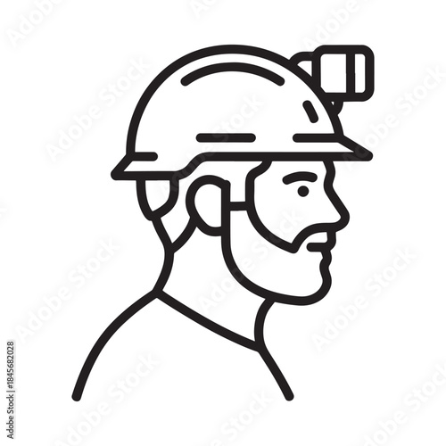 Line art illustration of a bearded man wearing a hard hat with a headlamp