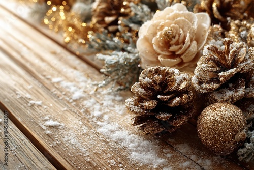Festive Decor on Rustic Wood: A close-up view presents a delightful arrangement of festive decorations, featuring snow-dusted pine cones and elegant floral accents arranged on aged wooden planks. 