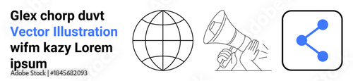 Global communication, digital marketing, networking, social media, information sharing, connectivity. A globe, megaphone and share icon. Global communication and digital marketing concept