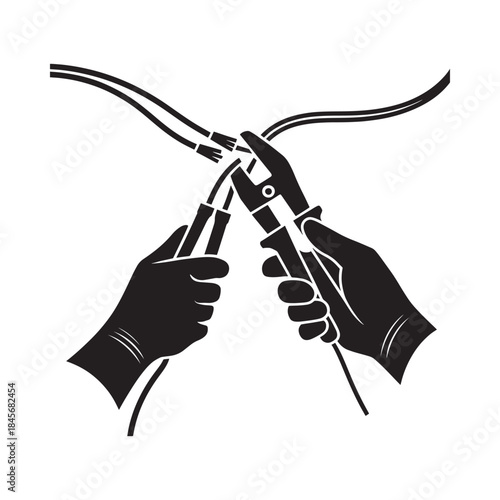 Hands using pliers to cut or strip electrical wires black and white illustration