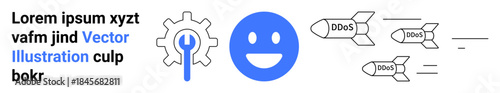 Cybersecurity, digital defense, DDoS protection, online threats, internet security, system vulnerability. A gear and tool, a happy face and missiles tagged with DDoS. Cybersecurity and DDoS