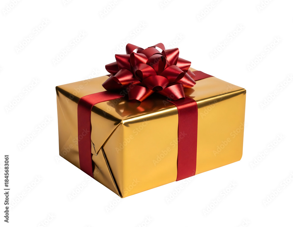 Obraz premium Golden gift box with red ribbon and bow, perfect for Christmas, birthday, or celebration on transparent background. PNG clip art for New Year card and holiday posters