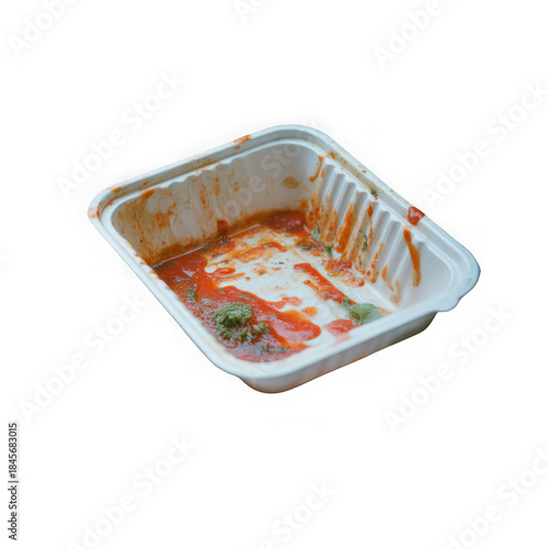 An empty white container with leftover red sauce and green food residue on a black background isolated on transparent background