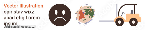 Global issues, logistics, distribution, manufacturing, global communication, transportation. Sad face icon, globe with interconnected patterns forklift symbol. Global issues and logistics concept
