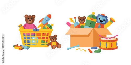Kids toys vector illustrations featuring colorful flat icons of truck, bear, drum, doll, robot, rattle, rocket, ball, pyramid, UFO, piano, blocks, sword in basket and paper box