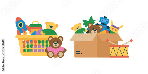 Kids toys vector illustrations featuring colorful flat icons of truck, bear, drum, doll, robot, rattle, rocket, ball, pyramid, UFO, piano, blocks, sword in basket and paper box