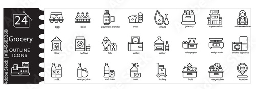 Grocery and Supermarket Vector Icon Set Featuring Fruits, Vegetables, Dairy, Bakery, Meat, Seafood, Shopping Cart, Retail Products, and Online Delivery Illustrations. Professional Grocery Store icons.