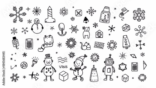 Hand-drawn doodle animation with alpha channel on transparent background featuring winter robots, snowmen and creative holiday symbols.