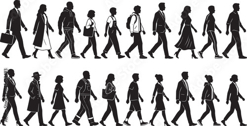 Diverse People Walking Silhouettes: Full-Body Collection of Male and Female Figures in Various Professions and Casual Attire Moving in Side Profile for Crowds.