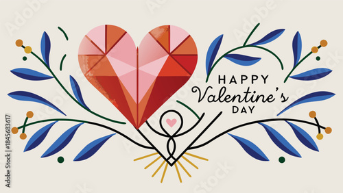 Geometric red heart with blue leaves and orange flowers saying happy valentine's day