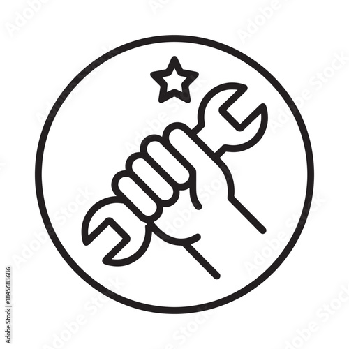 Hand holding wrench and star service or repair icon in a circle