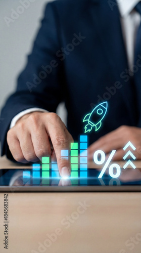 Business growth strategy with digital performance metrics, increasing efficiency, sales acceleration and startup success through data driven analysis. Vertical bg