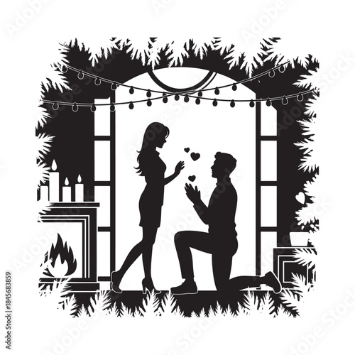 Silhouetted romantic proposal scene with lights fireplace and surrounding foliage