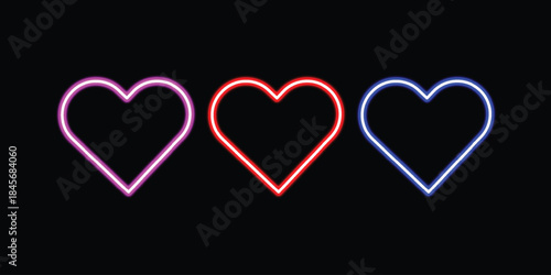 Three vibrant neon heart outlines glowing brightly against a dark background, symbolizing love and connection Vector