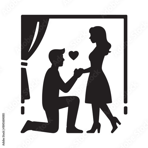 A romantic silhouette of a man proposing to a woman indoors