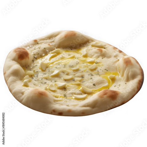 Freshly baked flatbread generously topped with garlic, herbs, and olive oil on black background isolated on transparent background