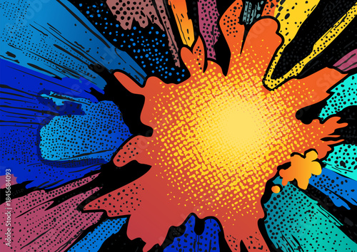 Retro dynamic pop art burst in grunge halftone style, colorful abstract background with paint streaks and dots illustration