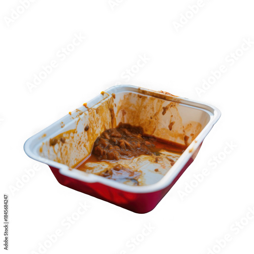 An empty white disposable food container with remnants of a red curry sauce isolated on transparent background