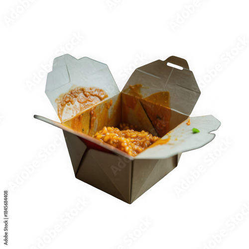 A partially consumed take-out meal of rice and curry in an open cardboard box isolated on transparent background