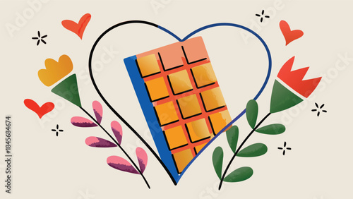 Happy valentine's day heart shaped chocolate bar with flowers and hearts on beige background