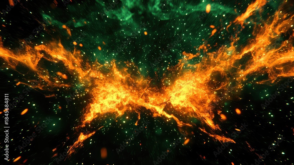Obraz premium Abstract background shows a dynamic cosmic nebula with vibrant orange and green energy glowing against a dark, star filled universe, representing power and motion