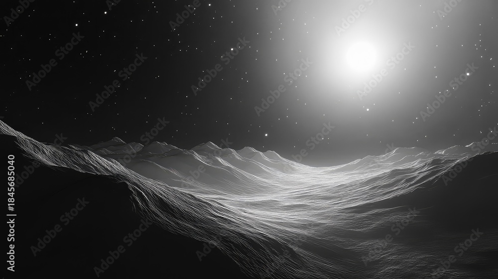 Obraz premium Alien planet surface creating a desolate landscape under a star filled sky, illuminated by a brilliant celestial body, representing space exploration and the vastness of the universe