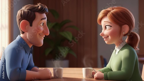 Animated couple enjoying coffee inside room
