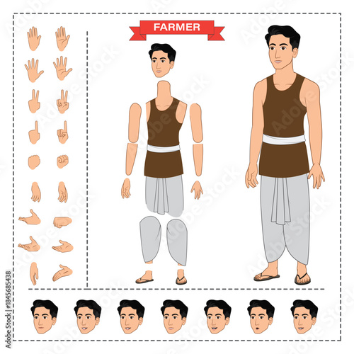 Cartoon Village Farmer Character Set. Character Hand Sprite. Mouth Sprite.