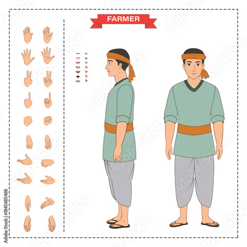 Cartoon Village Farmer Character Set. Character Hand Sprite. Mouth Sprite.