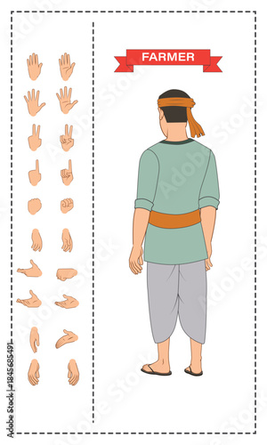 Cartoon Village Farmer Character Back. Character Hand Sprite. 