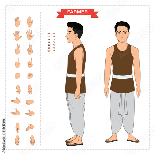 Cartoon Village Farmer Character Set. Character Hand Sprite. Mouth Sprite.