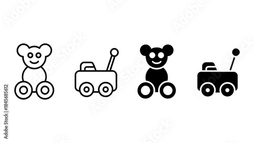 Black and white line icons of toy vehicles with animal designs