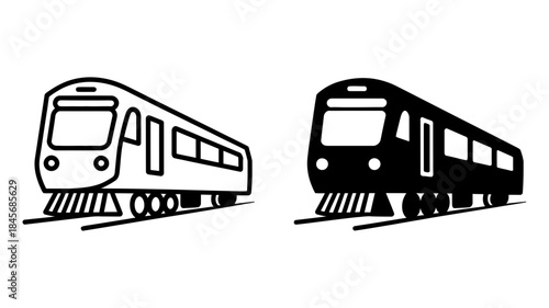 Two train cars in black and white on for transportation or travel concepts