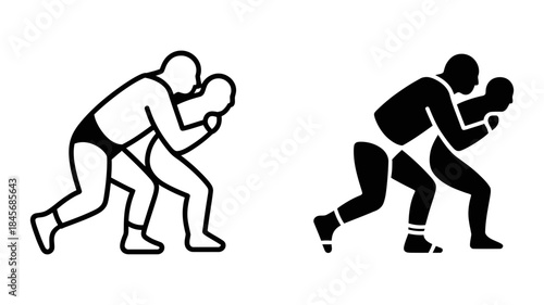 Two wrestlers in different colors grappling and fighting in various stances and poses