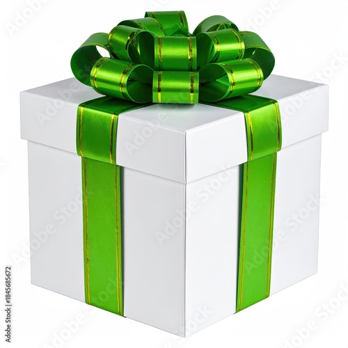 White box gift with vibrant green ribbon and bow, isolated