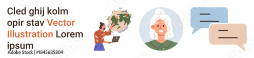 Global communication, social interaction, networking, digital learning, teamwork, education. Person holding a globe and using a laptop, profile icon chat bubbles. Global communication and social