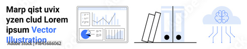 Graph dashboard with pie chart, two file binders leaning, cloud with AI circuit lines. Ideal for data storage, analytics, AI technology, digital filing, business, cloud and simple landing page