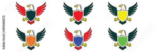 Set of six colorful heraldic emblems featuring stylized eagle perched above a shield representing power strength and national pride for crest design