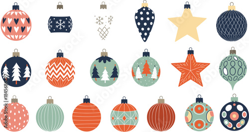 Modern Christmas Tree Ornaments Vector Set with Abstract Patterns, Stars, and Trees in Retro Pink, Navy, and Orange Colors